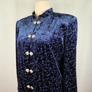 Vintage Navy Blue Velvet Jacket Women's 14 Floral Silver Clasps Mandarin Luxe